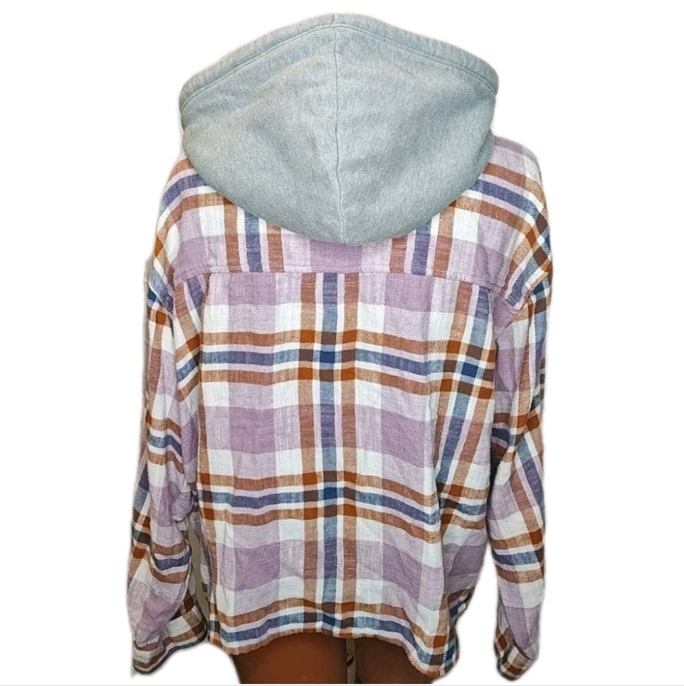 Lucky Brand Hooded Flannel Shacket Woman Sz XL Purple Plaid Cropped Shirt Jacket - Picture 5 of 12